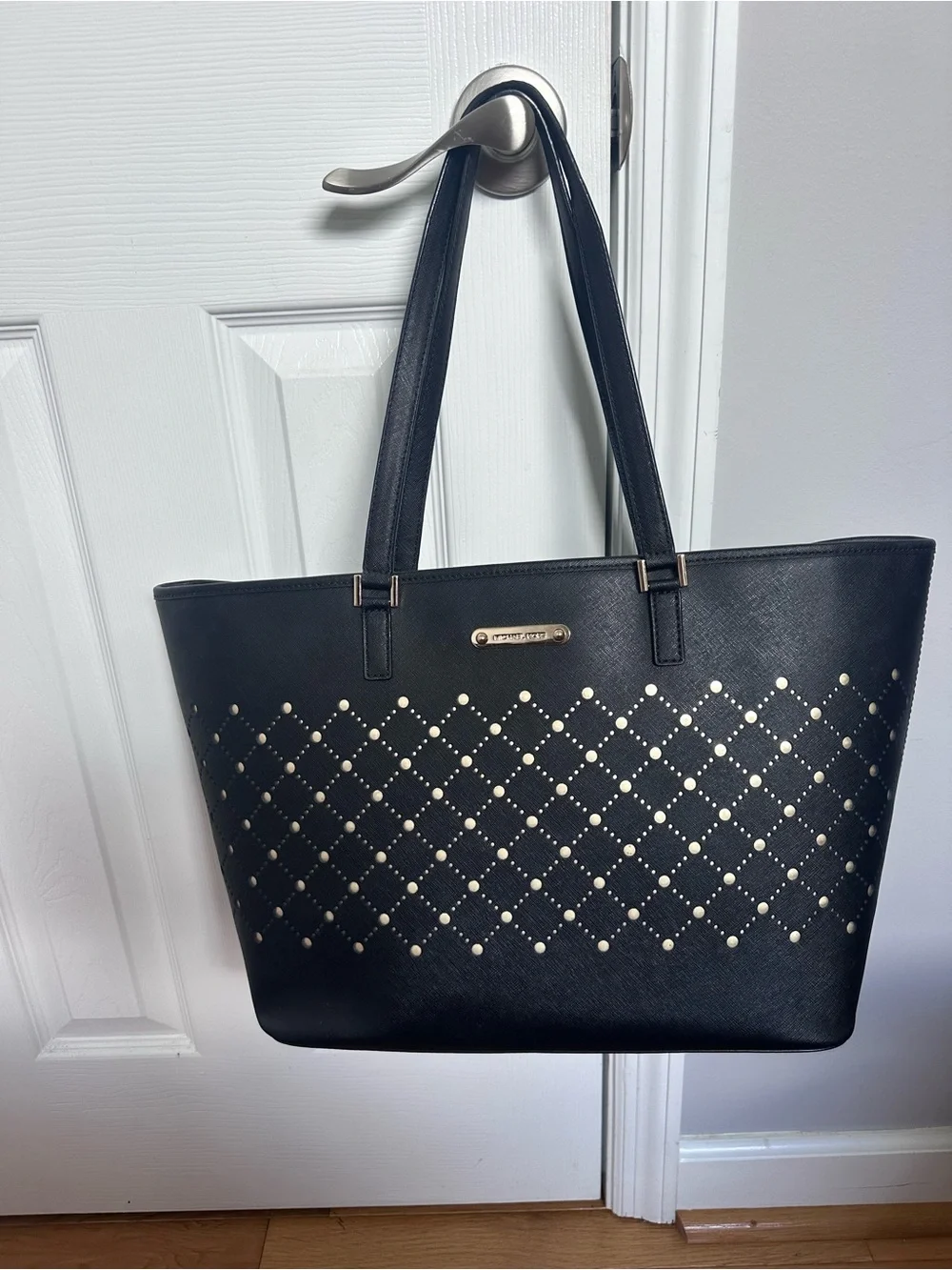 Michael Kors Black Studded Shoulder Tote with Gold Accents